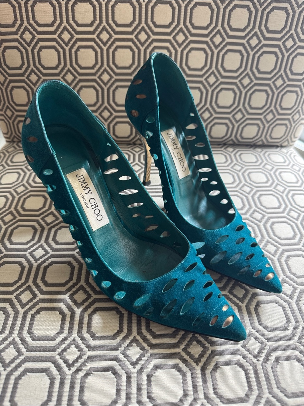 Jimmy Choo Teal Suede Laser-Cut Pointed Pumps